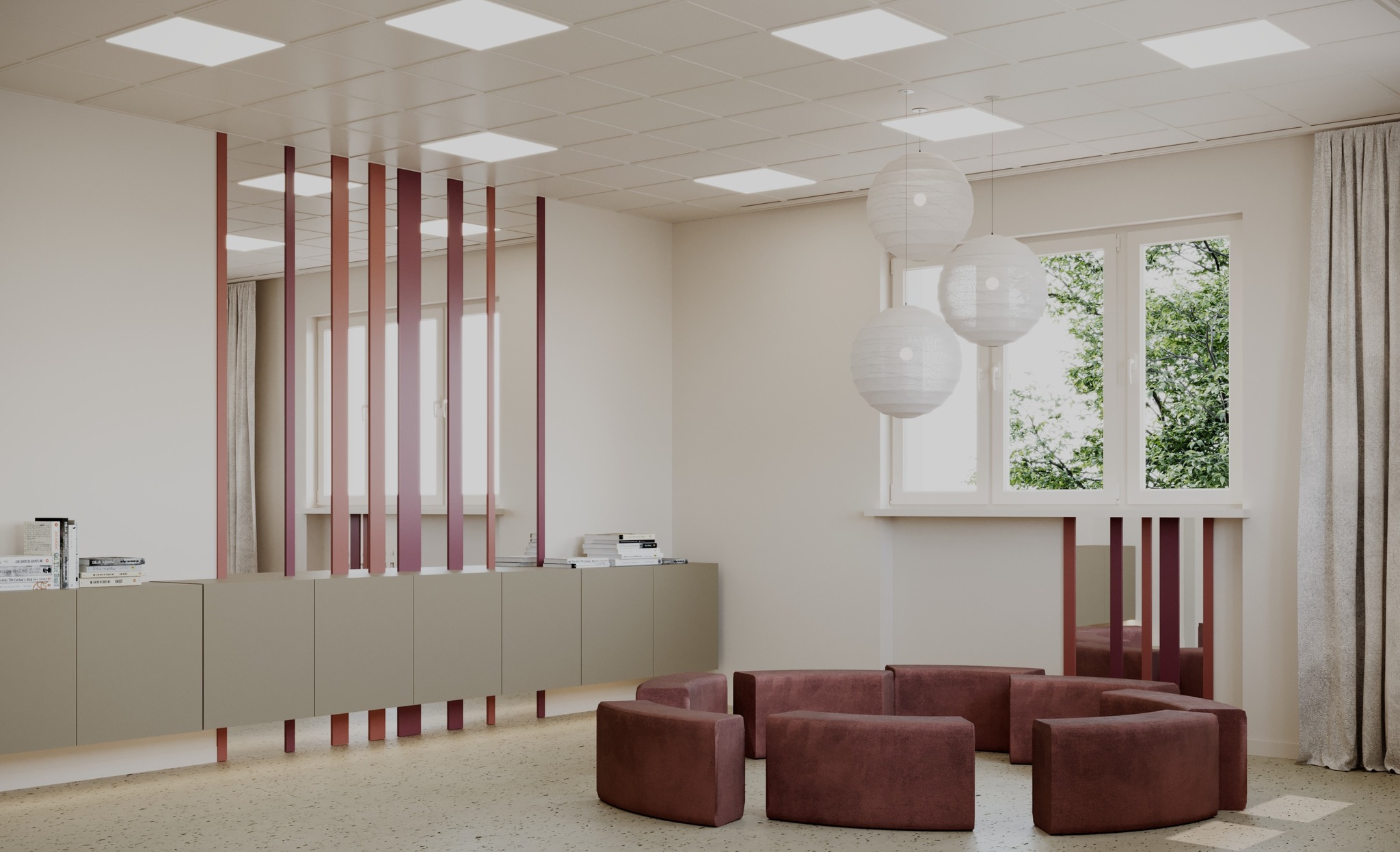 fragment pomieszczenia z oknem i pufami